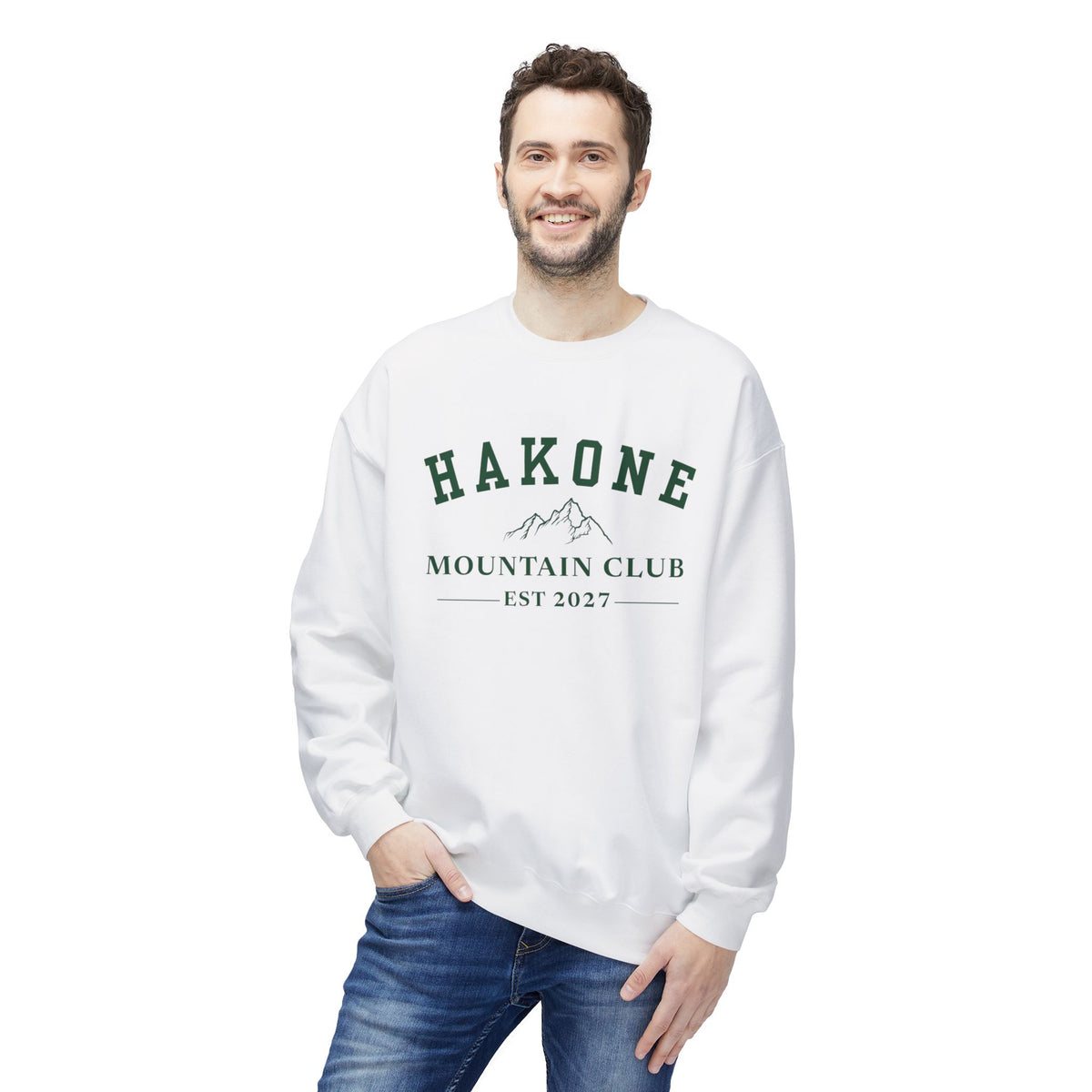 เสื้อสเวตเตอร์คอกลม Hakone Mountain Club โลโก้สีเขียว/ขาว/ฟ้าอ่อน